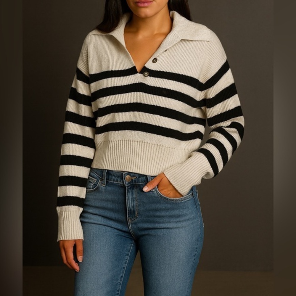 Cream Black Striped Collared Sweater – Women’s Small – Ribbed Knit Polo Style